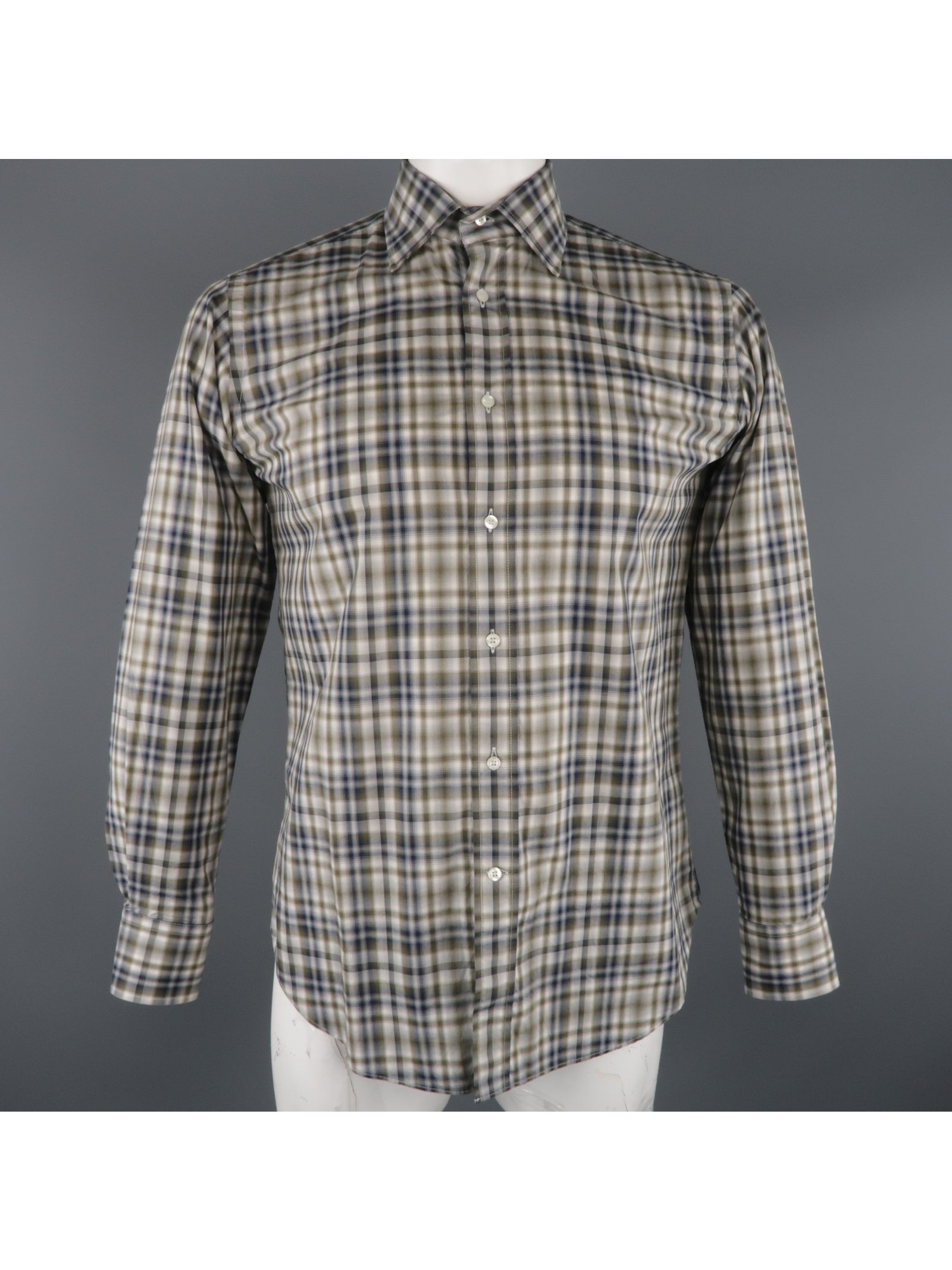 Etro Size S Olive & Navy Plaid Button Up Long Sleeve Shirt